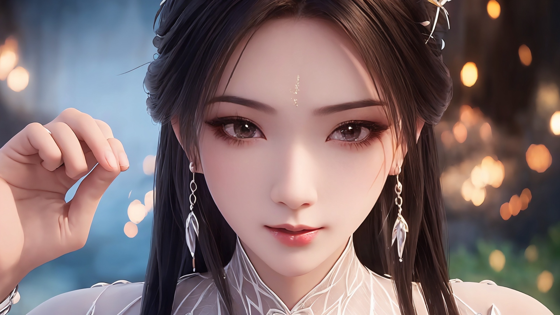 1girl,hair ornament,long hair,forehead mark,solo,black hair,facial mark,upper body,index finger raised,dress,looking at viewer,jewelry,white dress,hair bun,blurry background,<lora:girl solo luxueqi_20240911015355:0.8>,