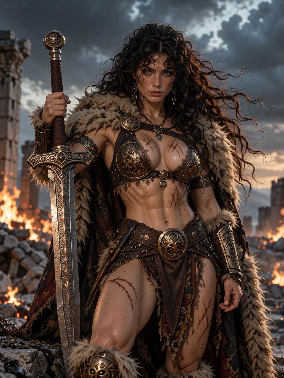 Mariana the Barbarian Princess,  a fierce warrior queen standing on the ruins of an ancient battlefield,  long wild dark h...