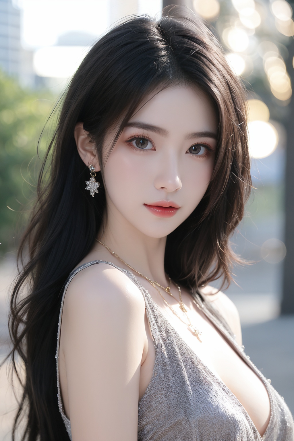 1girl, black hair, blurry, blurry background, bokeh, depth of field, jewelry, lens flare, lips, long hair, looking at viewer, necklace, outdoors, sleeveless, solo <lora:美女:0.8>