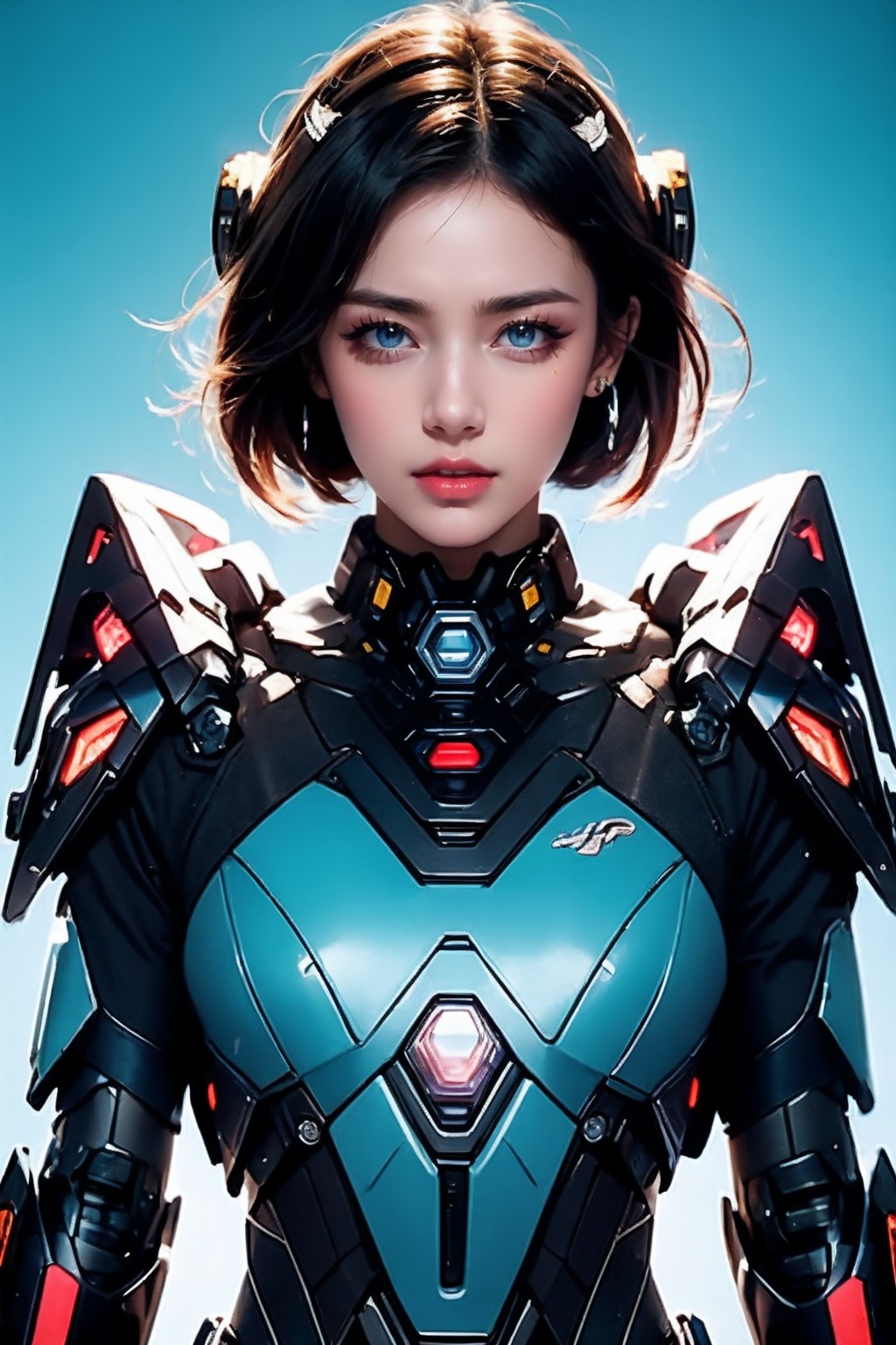 AgainRealistic_v2.0, 1girl, solo, blue eyes, looking at viewer, lips, brown hair, upper body, mole, mole under eye, nose, parted lips, earrings, armor, realistic, makeup, science fiction, jewelry, power armor, bodysuit, headgear, red lips, short hair, cyborg, black hair, breasts, lipstick, cyberpunk, blue background, eyelashes, long hair