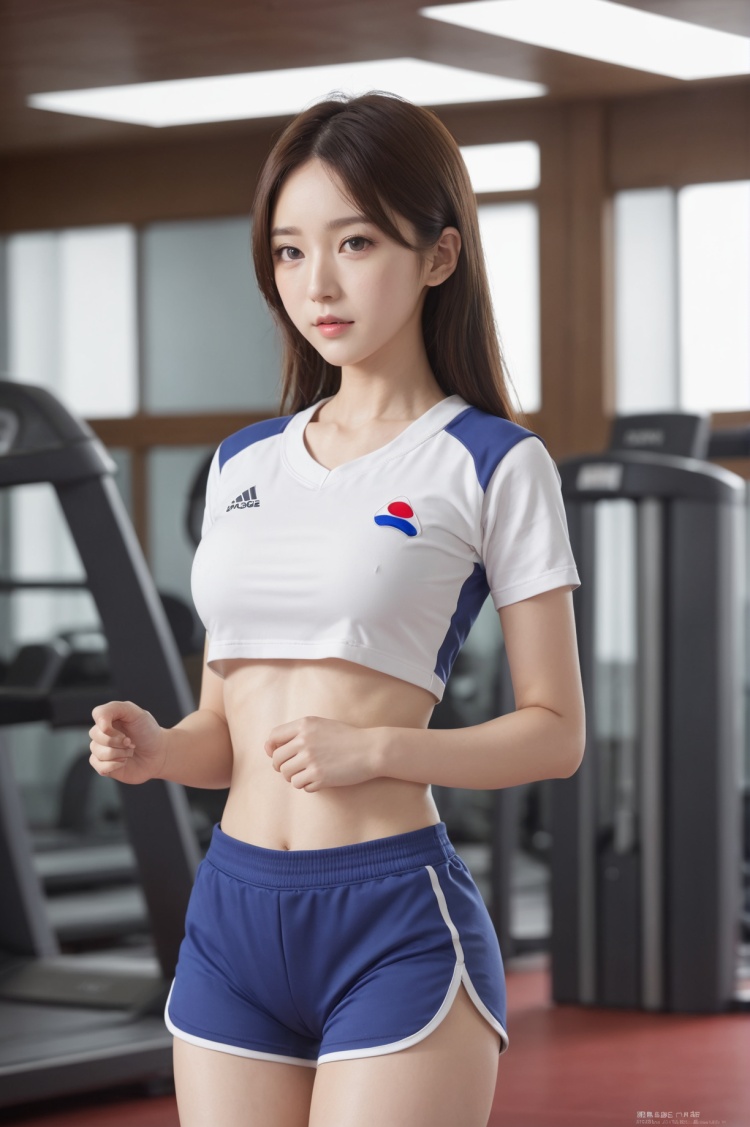 1 girl,solo,korean_text,clear skin texture,colorful,masterpiece,best quality,absurdres,medium breasts,full_shot,gym_uniform,