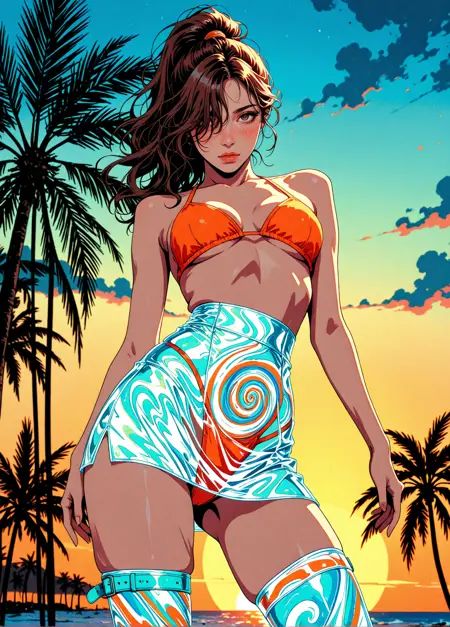 masterpiece, detailed_eyes, high_quality, best_quality, highres, subject_focus, depth_of_field, realistic_body, solo, vaporwave_colors,woman, (side_hip_pose:1.4),blue, orange, brown_hair, ponytail swirl, messy_hair, hair over eye, long hair, brown_eye, simple background, dynamic view, looking at viewer, blush, motion, twilight clouds, mist, spectral neon particles, sunset, palm trees, roller skates, asymmetrical thighhighs, green, bikini_top, multicolored_fashion, highwaist, see-through_skirt, orange, thong, highwaist_thong, from_above, expression_looking_away <lora:LORA-64-dmd2:1>