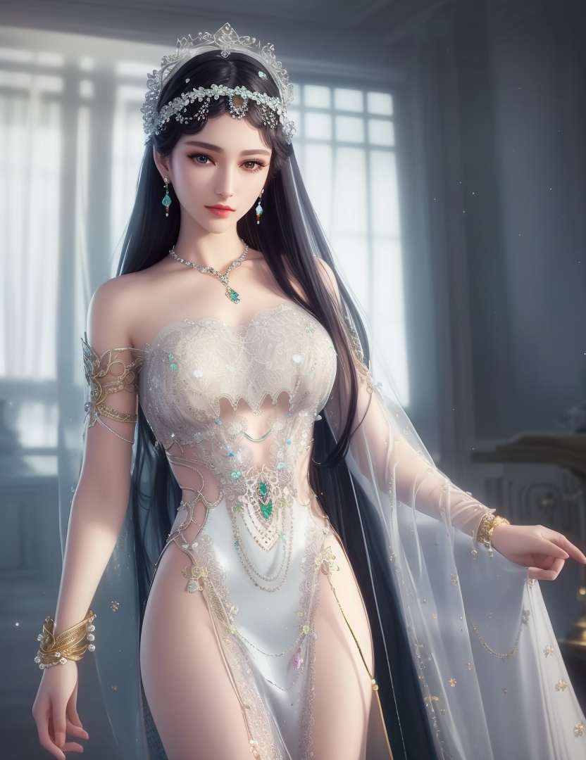 ultra realistic 8k cg, picture-perfect face, flawless, clean, masterpiece, professional artwork, famous artwork, cinematic lighting, cinematic bloom, perfect face, beautiful face, fantasy, dreamlike, unreal, science fiction,  beautiful clothes, lace, lace trim, lace-trimmed legwear,  (rich:1.4), prestige, luxury, jewelry, diamond, gold, pearl, gem, sapphire, ruby, emerald, intricate detail, delicate pattern, charming, alluring, seductive, erotic, enchanting, hair ornament, necklace, earrings, bracelet, armlet,halo((,1girl, pov,))(((,  1girl,  solo,looking at viewer, ))),(((1girl, solo, dress, jewelry)))<lora:DA_WhiteSnakeGreenSnake:0.7>