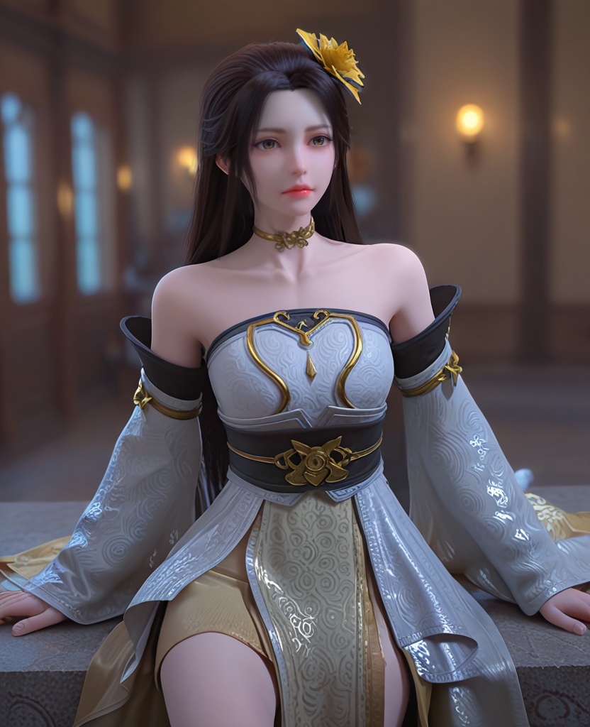 (oriental architecture, elegant decor, sophisticated style:1.1),Sitting on a step, gazing downward,(breasts:1.2),<lora:XL完美世界十六公主:0.95>,princess sixteen,solo,strapless dress,detached sleeves,wide sleeves,brown eyes,black hair,long hair,yellow hair flower,yellow heart choker,bare shoulders,sidelocks,lips,sash,white overskirt,pelvic curtain,, zPDXL2, score_9, score_8_up, score_7_up BREAK realistic, masterpiece,best quality, highly detailed,, zPDXL3, zPDXL2,zPDXL, zPDXLxxx, zPDXLrl,