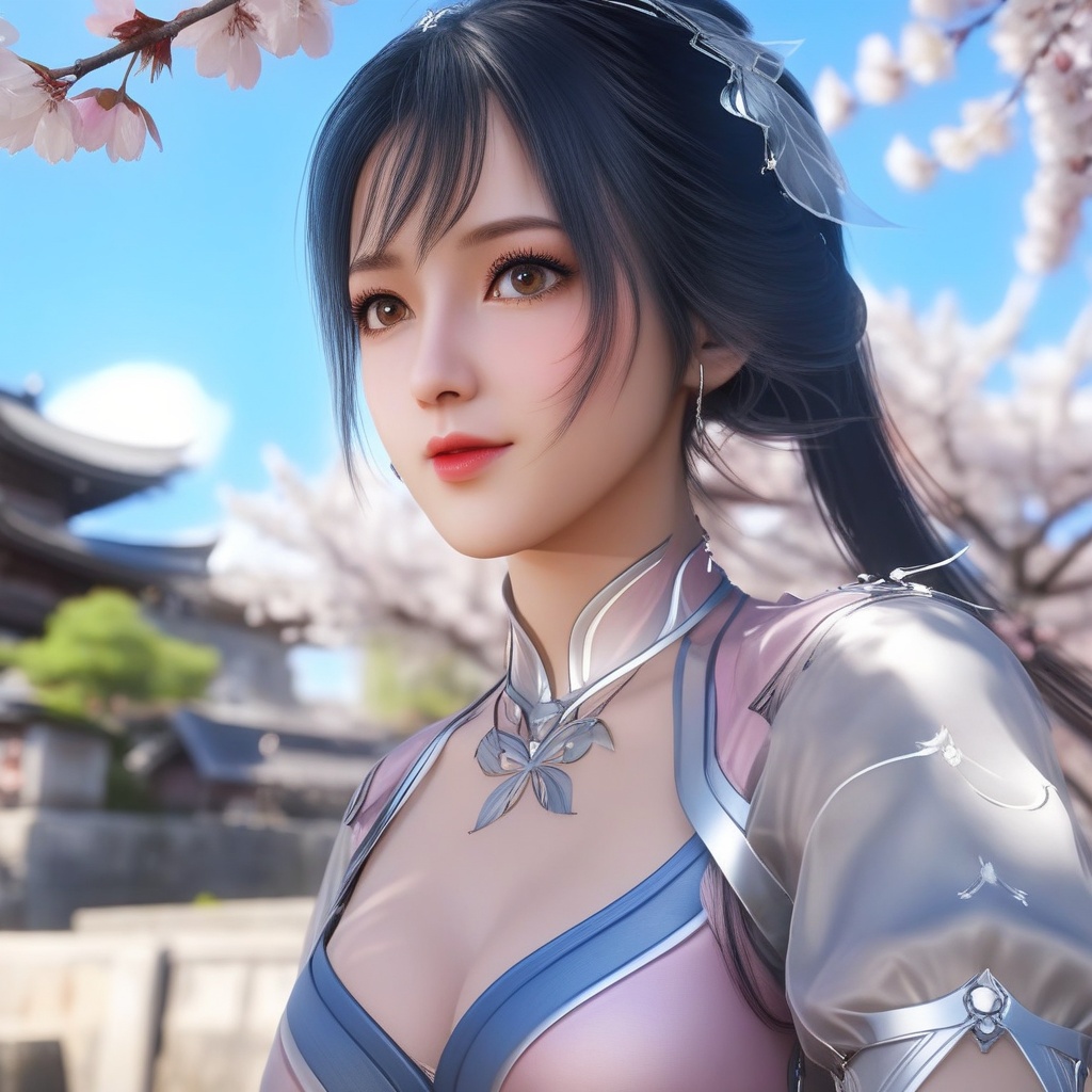 <lora:707-DA-XL-斗罗大陆-唐舞桐:0.8>(,1girl, ,best quality, ),looking at viewer,  ultra detailed background,ultra realistic 8k cg,ultra detailed 8k cg,masterpiece,upper body,  (( , )),, ,science fiction,mole, ultra realistic 8k cg, ,    ,outdoors, sun,sunlight, cherry blossoms,      (cleavage), (), 