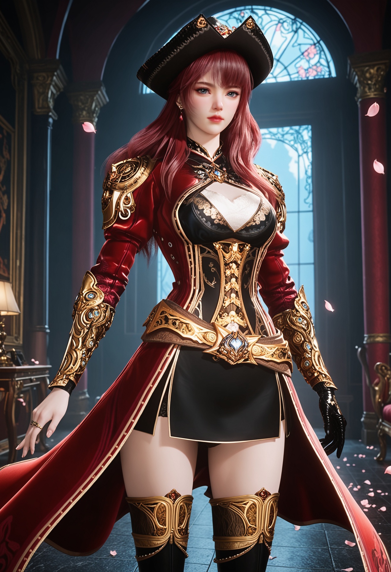 (cowboy shot:1.2),(looking at viewer:1.1),masterpiece,(best quality),smog,Dark room,dim lighting,peach blossom,falling petals,<lora:YQ_Illustrious光辉v5_梦红尘_V1:0.8>,q1528437228,solo,1girl,hat,long hair,red hair,boots,thighhighs,blue eyes,gloves,thigh boots,skirt,armor,pink hair,jewelry,belt,brown hair,pirate hat,earrings,coat,high heels,red coat,black gloves,grey eyes,dress,miniskirt,black eyes,black footwear,high heel boots,black headwear,long sleeves,single glove,