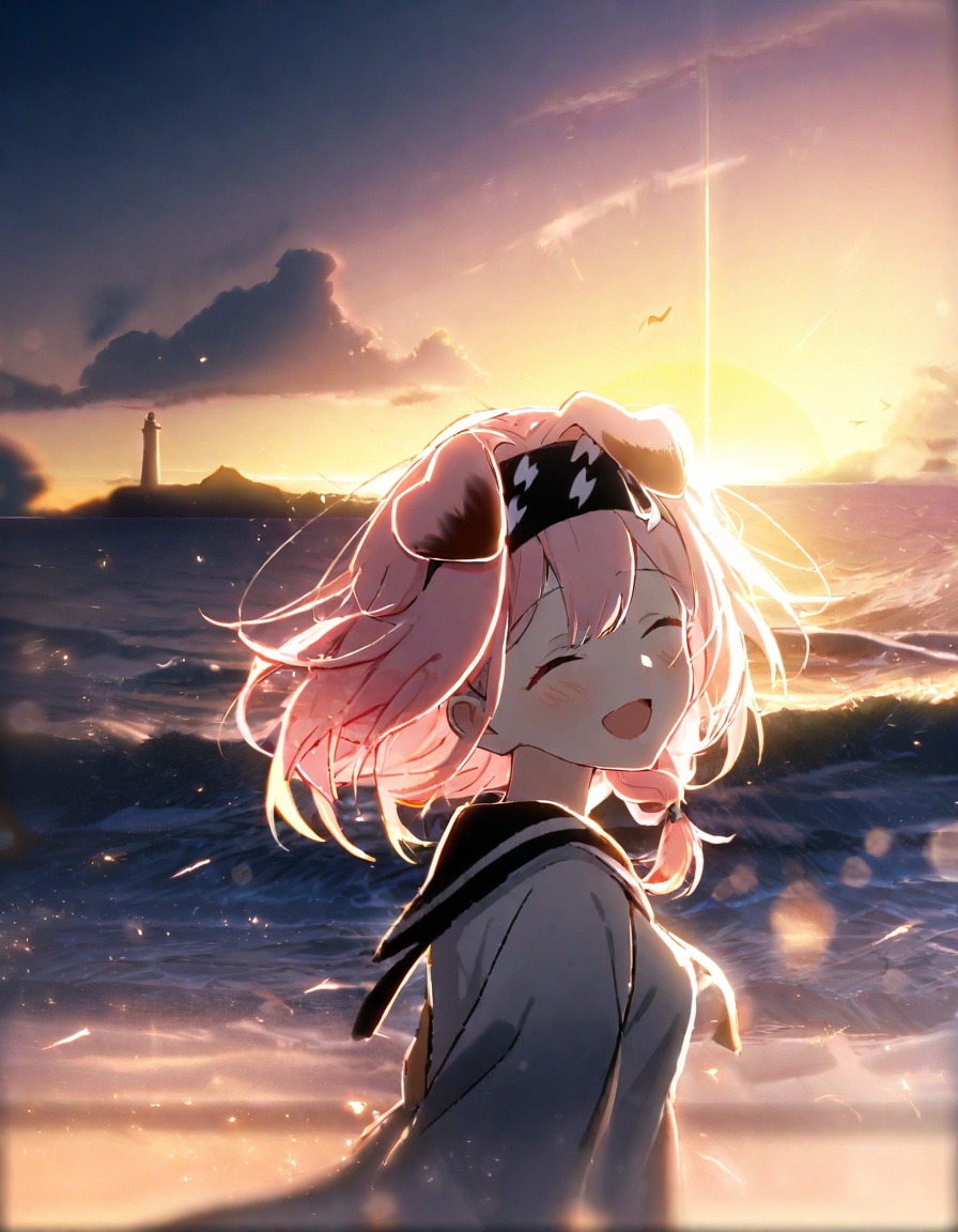 1girl, goldenglow \(arknights\),   cat ears, solo, blush, backlighting, blurry, crescent moon, dark, depth of field, film grain, hill, horizon, moon, outdoors, railing, sky, sunrise, water, wind, moody eerie, sunlight, :d, long hair, ocean, animal ears, open mouth, braid, smile, cat girl, hairband, horizon, cloud, sun, side braid, lighthouse, lens flare, hair between eyes, closed eyes, ^_^, pink hair, bokeh, chromatic aberration, lightning bolt print, signature, reflection, diffraction spikes, from behind, beach, lightning, ocean, facing viewer, upper body, black hairband, artist name, evening, long sleeves, dawn, city, facing back, happy, masterpiece, best quality,  safe <lora:yy_xl_v1-000030:1>
