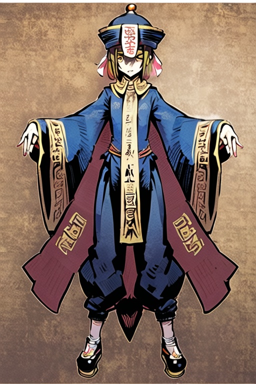 1girl,wsjs,jiangshi,chinese zombie,yellow paper,spell,full body,