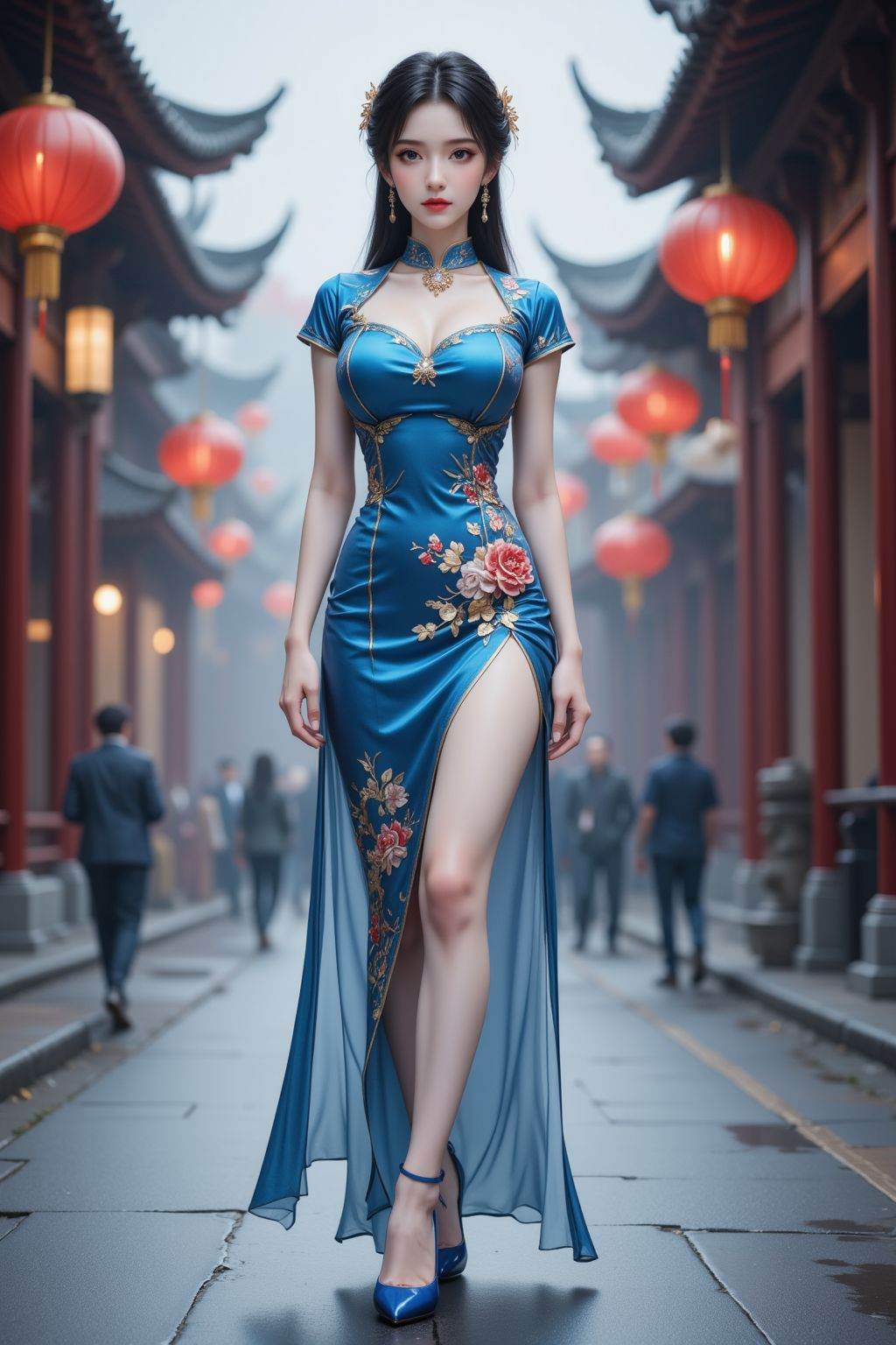 HDR photo of cinematic film still 1girl, solo, large breasts, thin, slim, extremely slim waist, looking at viewer, black hair, dress, brown eyes, jewelry, full body, short sleeves, earrings, outdoors, lower leg, chinese clothes, china dress, realistic, blue cheongsam, cheongsam, high heel shoes, street, road, . shallow depth of field, vignette, highly detailed, high budget, bokeh, cinemascope, moody, epic, gorgeous, film grain, grainy . High dynamic range, vivid, rich details, clear shadows and highlights, realistic, intense, enhanced contrast, highly detailed