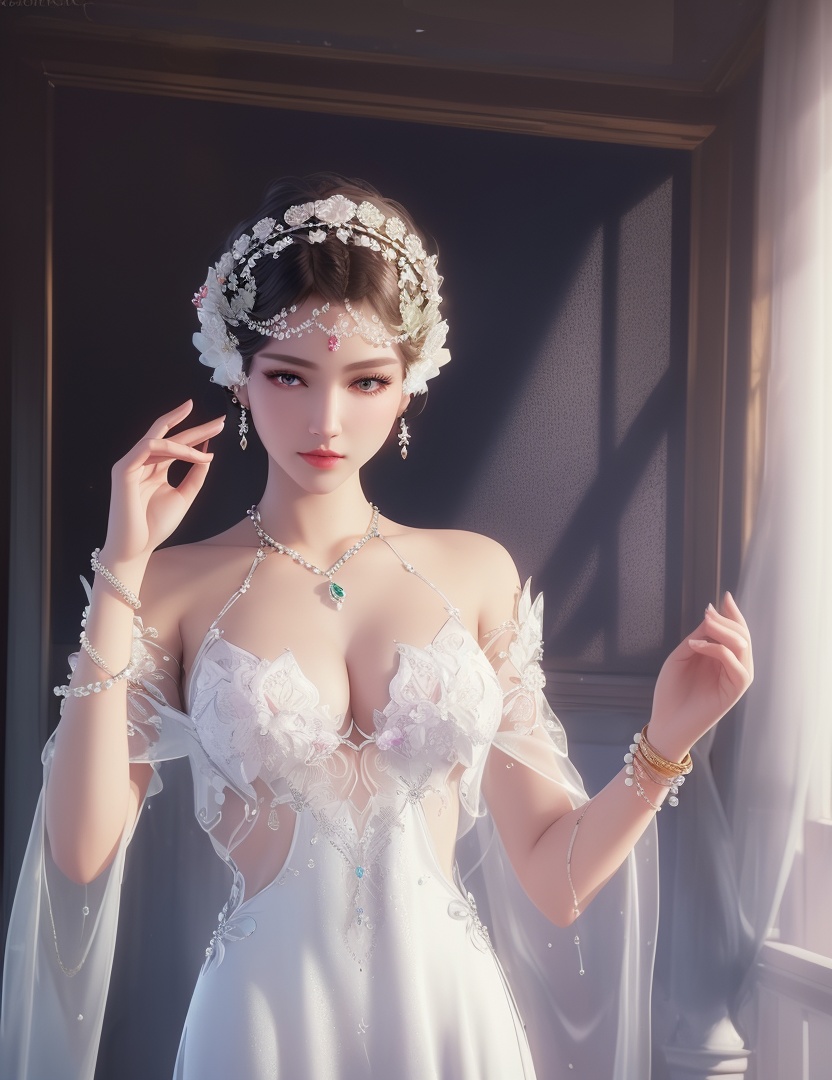 ultra realistic 8k cg, picture-perfect face, flawless, clean, masterpiece, professional artwork, famous artwork, cinematic lighting, cinematic bloom, perfect face, beautiful face, fantasy, dreamlike, unreal, science fiction,  beautiful clothes, lace, lace trim, lace-trimmed legwear,  (rich:1.4), prestige, luxury, jewelry, diamond, gold, pearl, gem, sapphire, ruby, emerald, intricate detail, delicate pattern, charming, alluring, seductive, erotic, enchanting, hair ornament, necklace, earrings, bracelet, armlet,halo((,1girl, pov,))(((,  1girl,  solo,looking at viewer, ))),(((1girl, solo, dress, white_dress, jewelry)))<lora:DA_WhiteSnakeGreenSnake:0.7>