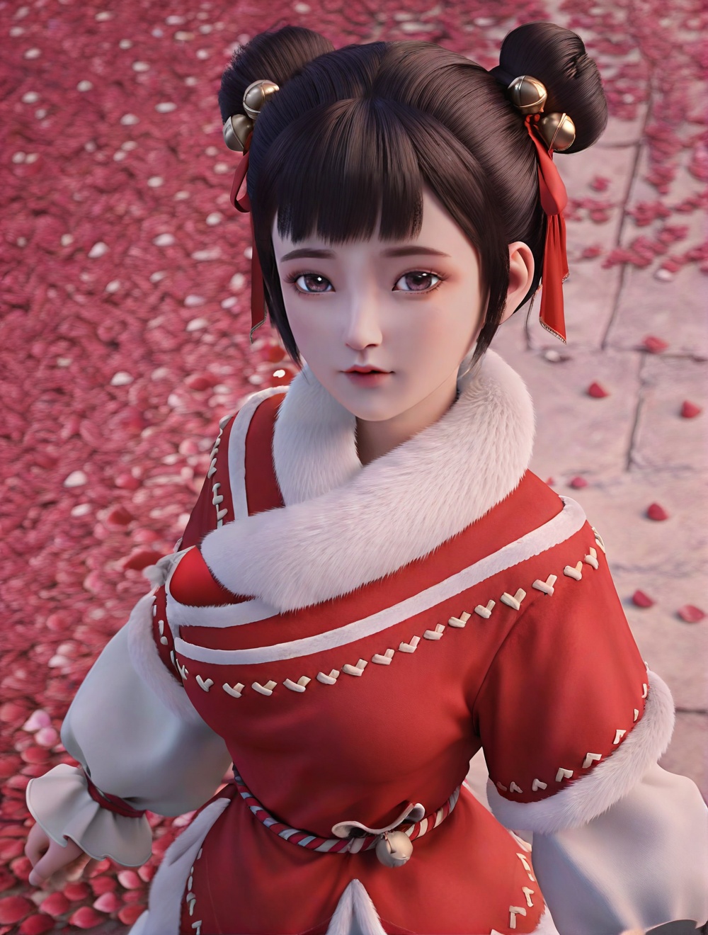 fair_skin,white_skin,Ivory_skin,score_9,<lora:SF_XiaoBaoPing_Pony_Realism-000005:0.72>,red dress,hair ornament,black hair,bangs,double bun,fur trim,bell,1girl,breasts,large breasts,standing,puffy sleeves,petals,solo,falling petals,looking at viewer,simple background,cowboy_shot,