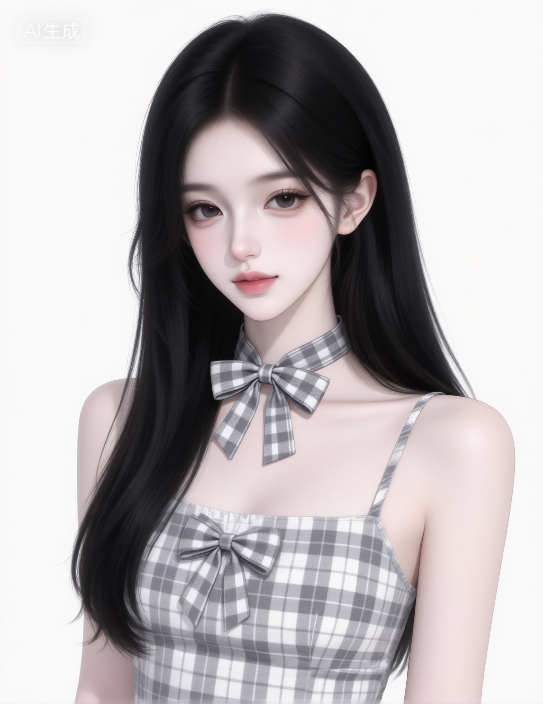 数字绘画,  灰白格纹甜美风:黑色长直发女性,  佩戴灰白格纹蝴蝶结颈饰 on Tensor.Art