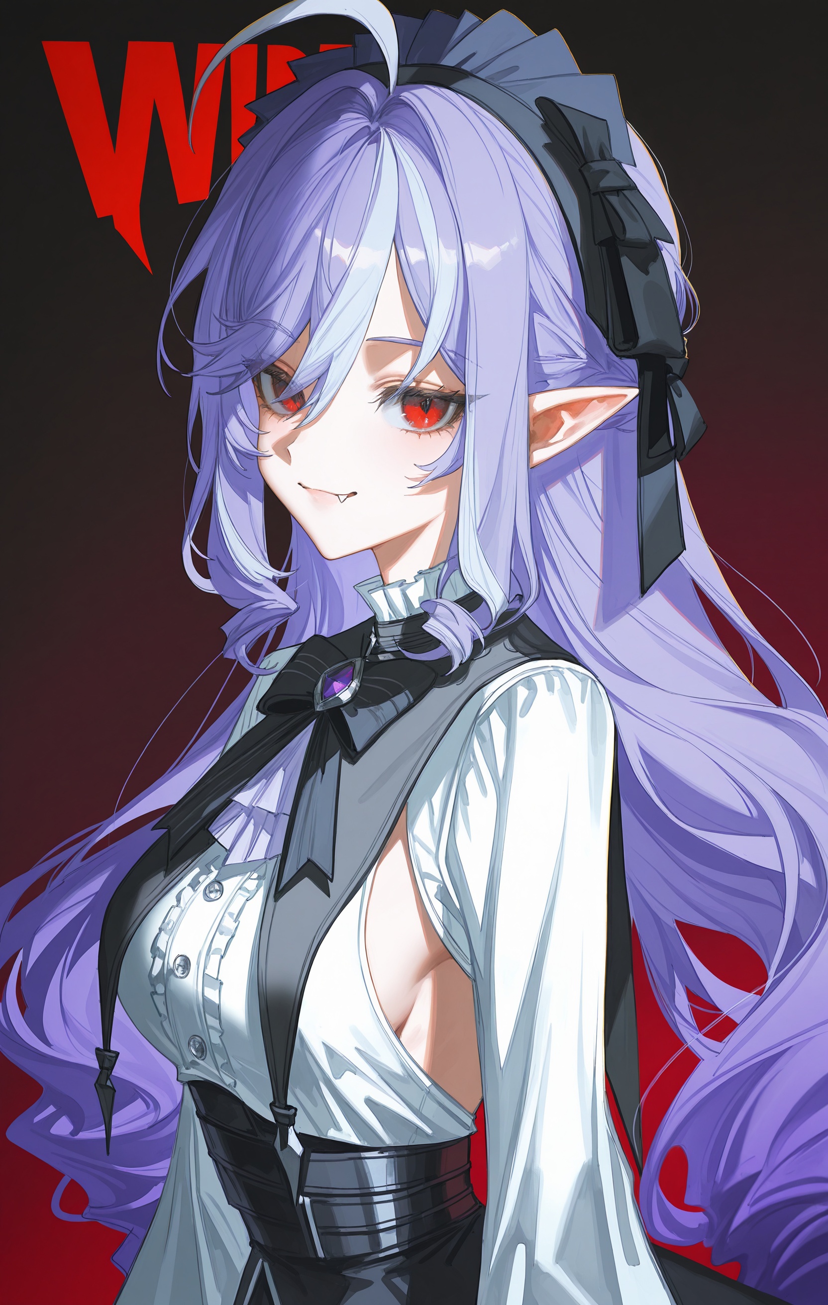vivian \(zenless zone zero\),black bow,bow,fang,gothic lolita,lolita fashion,long hair,looking at viewer,pointy ears,purple hair,red eyes,shirt,vampire,white shirt,(artist:quasarcake:0.8),extreme aesthetic,(wlop:0.6),(honjou raita,lack,rella,wanke:0.5),masterpiece,best quality,good quality,newest,year 2024,year 2023,very aesthetic,absurdres,Visual impact,A shot with tension,ultra-high resolution,32K UHD,sharp focus,best-quality,masterpiece,<lora:vivian_v0.1_Illustrious-000049>,