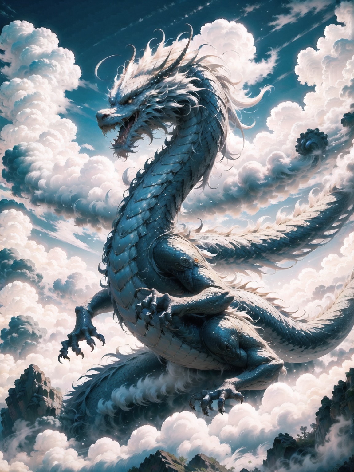 no humans,chinese dragon, cloud,  sky, ((masterpiece, best quality)), magnificent, uhd image, best quality, 8k resolution, dynamic pose, uniform body,
