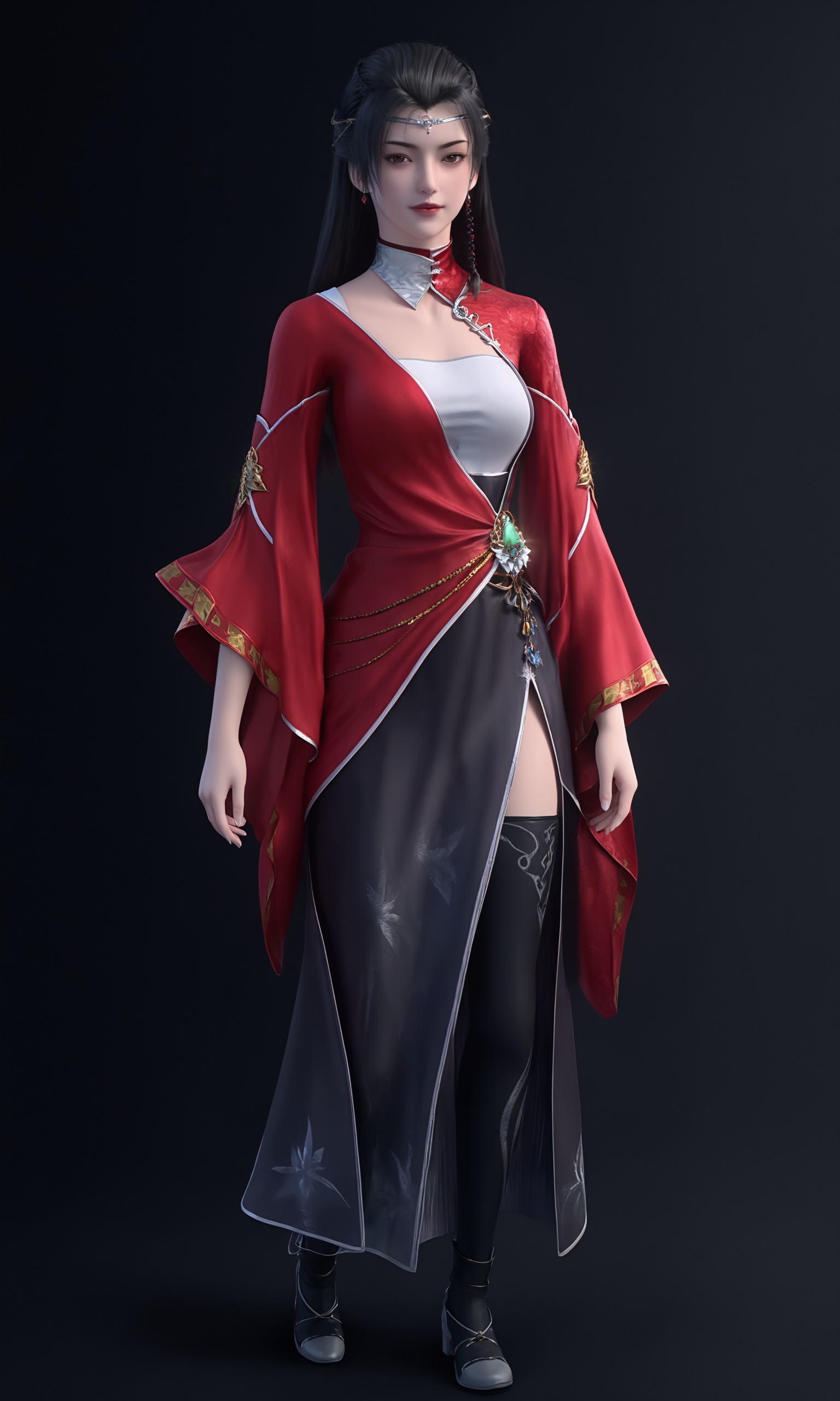 <lora:紫川-流风霜Pony:0.8>,1girl,straight,long black hair,silver tiara-like headpiece,striking red outfit with intricate gold embroidery,long,flowing sleeves,high-collared,form-fitting bodice,black,large,ornate brooch with a green gem,long,black skirt,thigh-high black stockings,black boots,, breasts,black background,standing,looking at viewer,