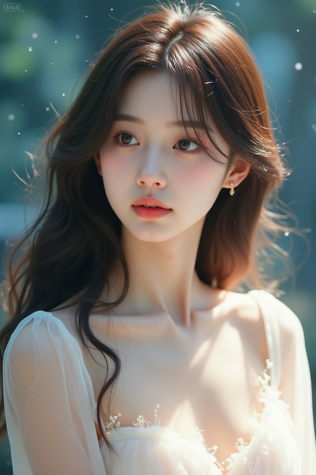 This is a highly detailed photograph depicting a young Asian woman with an exquisite face and an extraordinary demeanor. She has long brown wavy hair that smoothly falls down her back, partially covering her shoulders. Her skin is smooth and fair, with a slight blush on her cheeks, and her makeup is natural and delicate. She gently gazes into the distance with a pair of expressive large brown eyes., , The lady is wearing a thin, transparent white dress, whose elegant and flowing sleeves seem to be made of fabric capable of capturing light, adding a sense of lightness and ethereal quality. The dress is decorated with sparkling rainbow-colored elements, adding a magical and otherworldly quality to the entire scene. , , The background is a soft, hazy blend of blue-green tones, with starlight and bokeh effects, creating a deep and mysterious feeling. The light is soft and natural, casting gentle shadows that highlight the woman's facial features and enhance the overall ethereal atmosphere of the image. , , The overall style of the picture is extremely realistic, while incorporating a touch of fantasy., Negative prompt: ng_deepnegative_v1_75t,(badhandv4:1.2),EasyNegative,(worst quality:2),,nsfw, Steps: 25, Sampler: Euler, CFG scale: 3.5, Seed: 842895041, Size: 1024x1536, Model hash: 7917bb3310, Model: 暄妍-F.1亚洲人像_V1.safetensors, Denoising strength: 0, RNG: CPU, vae_name: automatic