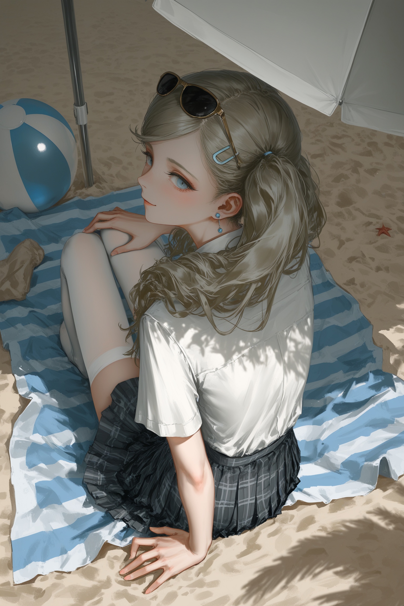 Lazypos,masterpiece,best quality,very aesthetic,BREAKp5ann,takamaki anne,blonde hair,long hair,twintails,swept bangs,hair clip,p5ann-strikersswim,sunglasses,eyewear on head,earrings,school uniform,plaid skirt,white thighhighs,sitting,BREAKsolo,on beach towel cloth,umbrella,beach ball,high angle side view,from behind,looking back,looking at viewer,one hand on ground,one hand on knee,beach,blush,smile,BREAK(rella:1.2),(redum4:1.2) (au \(d elete\):1.2) (dino \(dinoartforame\):1.1),wlop,epic,
