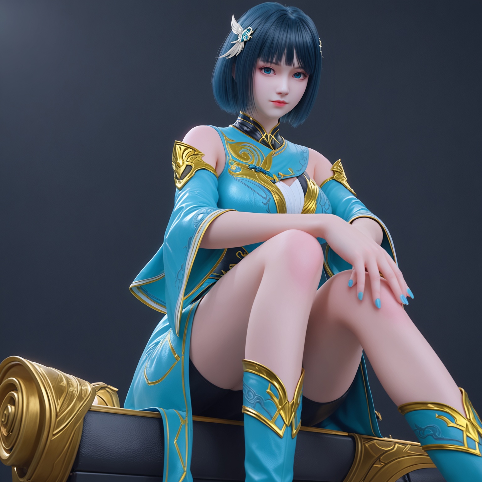 <lora:YQponymuqingluanV2:0.8>,1girl,q1528437228,solo,short_hair,black_hair,hair_ornament,bangs,dress,bob_cut,detached_sleeves,blue_eyes,blunt_bangs,boots,wide_sleeves,chinese_clothes,shorts,blue_dress,black_eyes,realistic,bike_shorts,blue_nails,long_sleeves,nail_polish,blue_footwear,bare_shoulders,knee_boots,colored_skin,BREAK score_9,upper_body,portrait,shiny_skin,looking at viewer,cinematic lighting,volumetric lighting,solo focus,(huge breasts:0.9),(simple background,pure black background,black background:1.1),