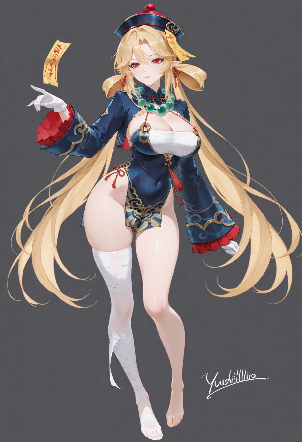 front view,((((full_body:1.4)))),(artist:kousaki rui:0.4),(artist:agm:0.6),(artist:arutera:0.6),masterpiece,hyper quality,amazing quality,absurdres,signature,(((((signature:yushililuo:1.5))))),solo,1girl,standing,simple background,white_background,eyeshadow,<lora:九幽离魄·希望神女:1>,xiwang,1girl,long hair,bangs,blonde hair,red eyes,hat,ribbon,hair ribbon,pointy ears,red ribbon,ofuda,talisman,breasts,cleavage,jewelry,necklace,hair rings,beads,jiangshi,bead necklace,qing guanmao,large breasts,thighhighs,gloves,long sleeves,dress,very long hair,jacket,white gloves,white thighhighs,hat,barefoot,pointy ears,wide sleeves,bandages,single thighhigh,bandaged leg,jiangshi,