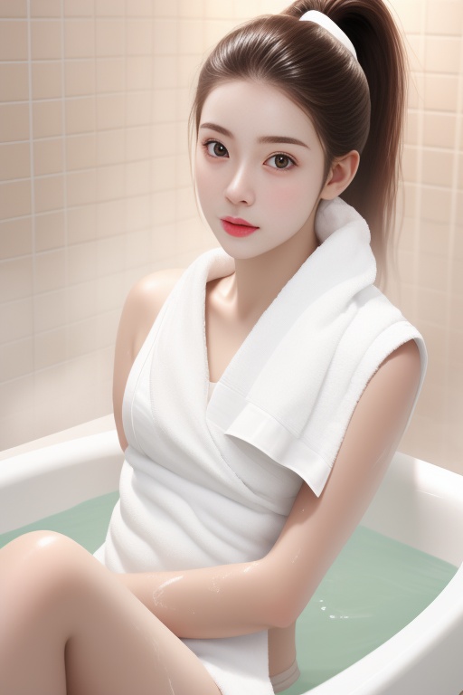 <lora:baipifu:1>,(((white skin))),1girl,breasts,solo,navel,looking at viewer,ponytail,long hair,brown hair,((shiny skin)),(((bath towel))),