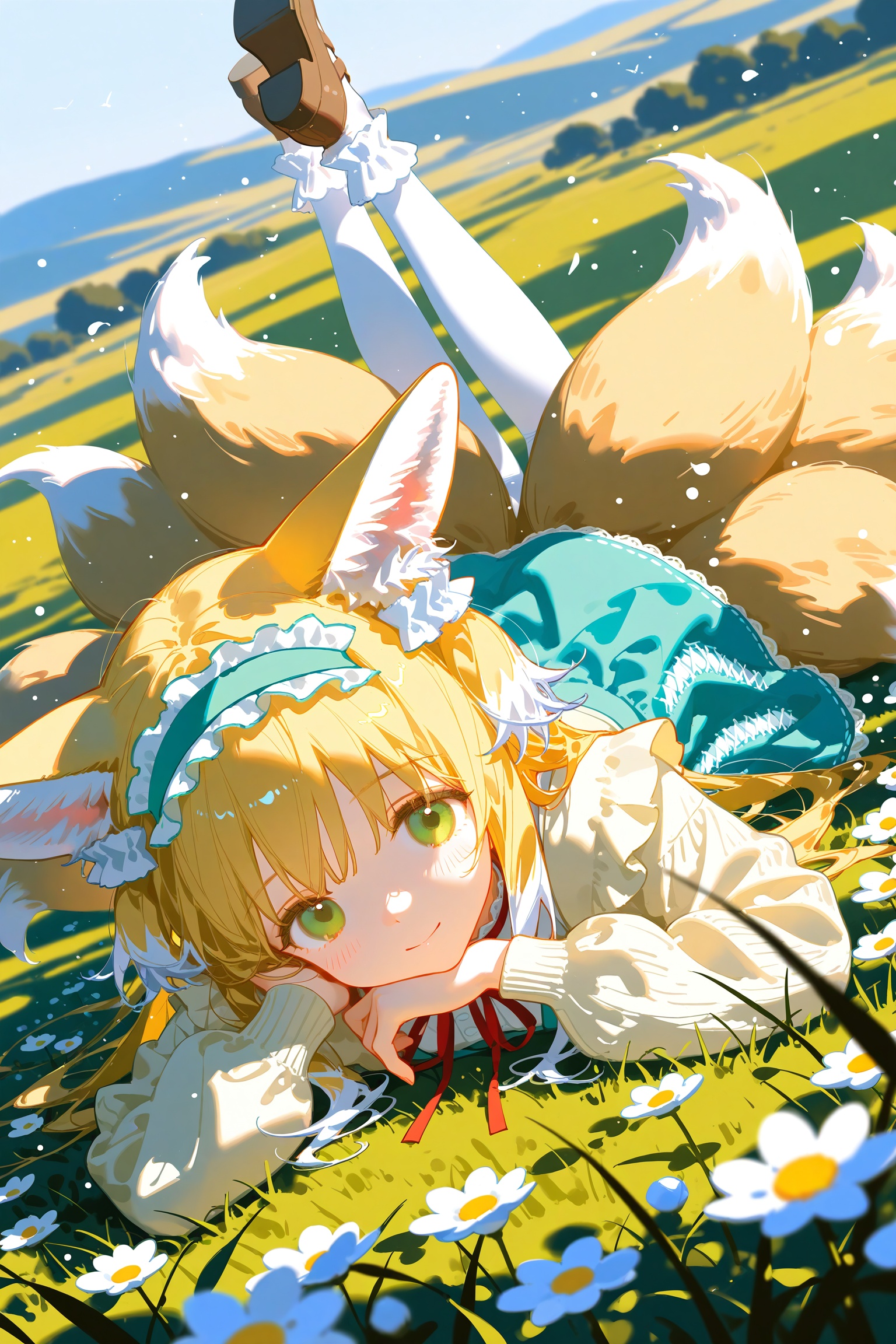 1girl, suzuran \(spring praise\) \(arknights\), (ningen mame:1.1), ciloranko, [sho \(sho lwlw\)], ask \(askzy\), tianliang duohe fangdongye, rhasta, wlop, dynamic angle, dutch angle, on stomach, head tilt, head rest, animal ears, blonde hair, eyes visible through hair, frilled hairband, frilled skirt, grass, green eyes, green hairband, legs up, long hair, long sleeves, looking at viewer, lying, multicolored hair, multiple tails, neck ribbon, official alternate costume, outdoors, plant, red ribbon, ribbon-trimmed skirt, smile, solo, streaked hair, white flower, white pantyhose, white tail, yellow tail, light particles, bloom, depth of field, masterpiece, best quality, good quality, newest, highres, absurdres
