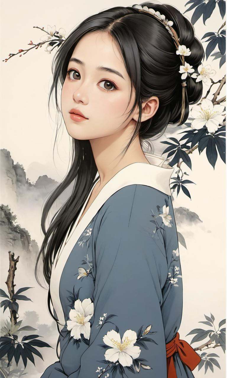 8k, masterpiece, best quality, 2D, 1girl, (traditional chinese ink painting:0.2),