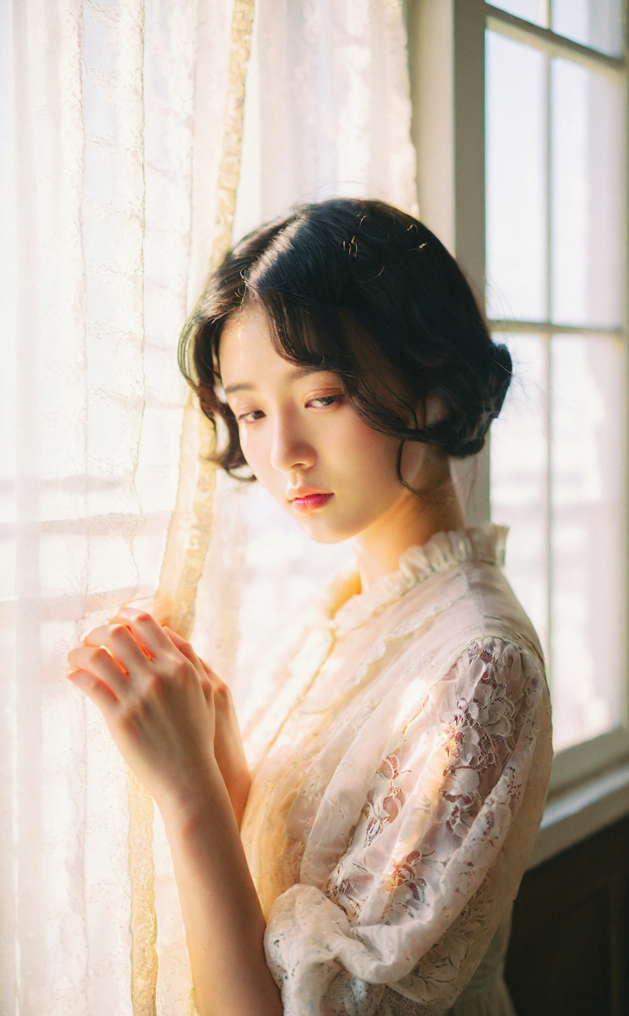 mugglelight, a vintage-inspired portrait of a lady by a window with lace curtains, 1girl, solo, window light, lace, curtains, vintage, thoughtful, daydreaming, book in hand, soft focuskorean girl,black hair,