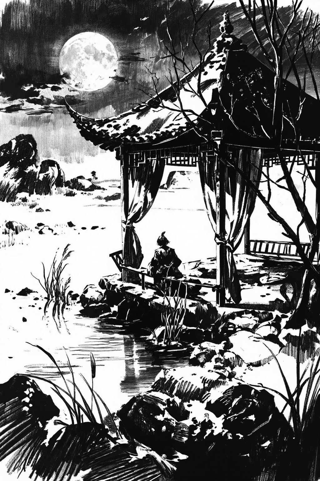 hand_sketch,black and white,art_nlhx,古风背影独坐凉亭,荒草丛生,潭水映月