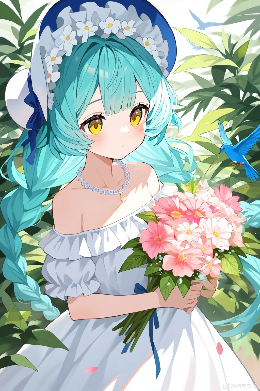 1girl, flower, dress, solo, holding, bouquet, long hair, holding bouquet, necklace, white flower, white dress, weibo username, weibo logo, puffy sleeves, braid, short sleeves, white headwear, jewelry, yellow eyes, off shoulder, very long hair, puffy short sleeves, off-shoulder dress, hat, bare shoulders, blue hair, holding flower, pearl necklace, frills, heart, closed mouth, collarbone, bird, pink flower, bonnet, aqua hair, blue headwear, leaf, eyelashes, parted lips