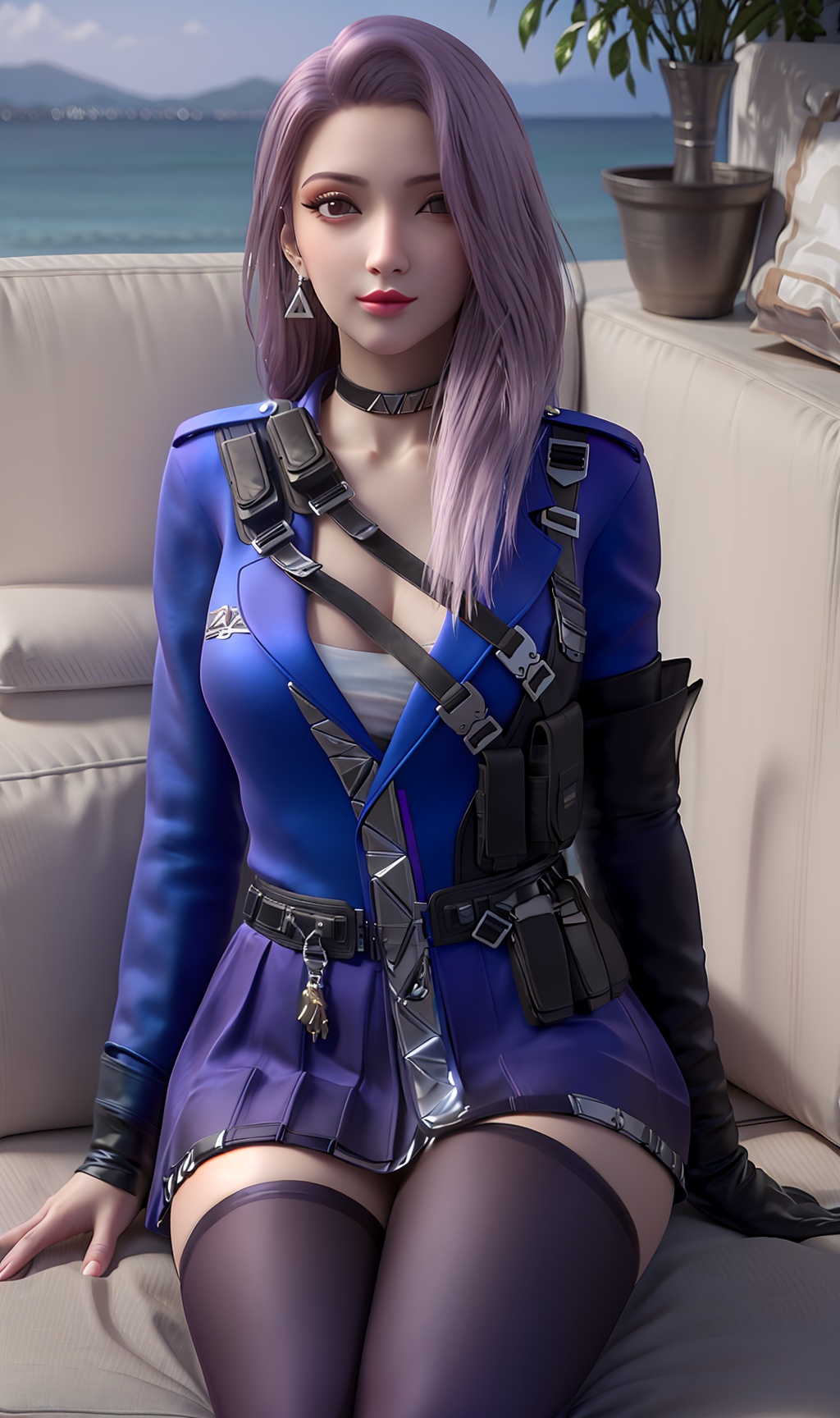 3D,masterpiece,(best quality),(makeup),official art, extremely detailed cg 8k wallpaper,((crystalstexture skin)), (extremely delicate and beautiful),(highly detailed),(1girl), (solo), (jewelry), (earrings),(purple__hair),(long_hair),(hair_ornament),(handwear),(sitting),(breast:1.000),(cleavage:1.000),,,(upper_body),(collar:1.000),(gloves:1.000),(policewoman:1.000),(skirt:1.000),(chinese_clothes:1.000),(blue_dress:0.999),,(multicolored_clothes:1.000),(multicolored_dress:1.000),(thighhighs:1.000),(black_gloves:1.000),(pantyhose:1.000),(belt:0.999),,(blue_jacket:1.000),(coat:1.000),(sunshine, outdoor,sofa),((looking_at_viewer)),((Facing the camera)), (long_legs:0.787), , <lora:hipoly3DModelLora_v10:0.3>