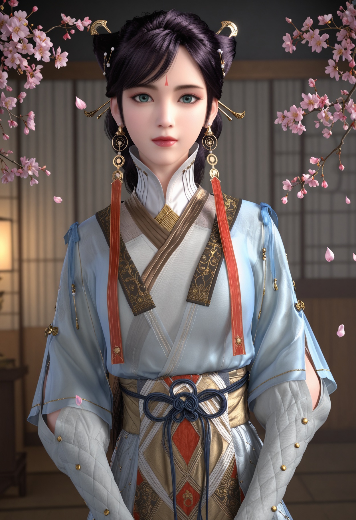 (upper_body:1.2),(looking at viewer:1.1),masterpiece,(best quality),smog,Dark room,dim lighting,peach blossom,falling petals,<lora:YQ_Illustrious光辉v5_徐灵犀_V1:0.8>,q1528437228,1girl,solo,jewelry,earrings,hair ornament,black hair,lips,chinese clothes,dress,forehead mark,green eyes,hair bun,long hair,makeup,brown hair,hair stick,long sleeves,tassel,boots,white pantyhose,braid,blue eyes,brown eyes,double bun,