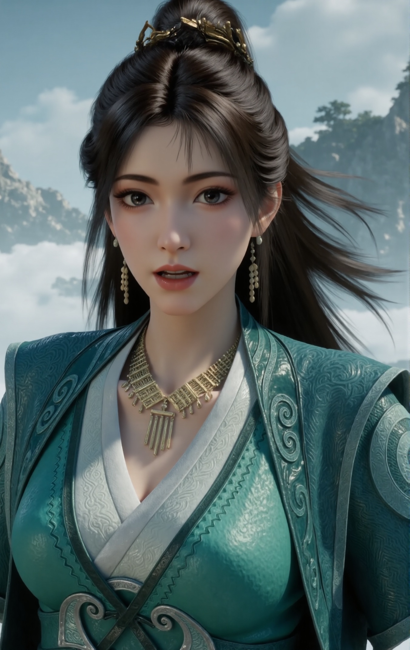"Portrait of Mupeiling taking a selfie with a shocked expression. She wears an elegant traditional Chinese attire in teal with intricate patterns and a white inner layer, along with a small gold crown on her head. Her long dark hair is styled in a high ponytail. She also wears a gold necklace with pendants and matching earrings. One arm is extended as if holding a camera or smartphone, in a running pose. The photo uses Dutch angle (tilted lens) and motion blur to add a sense of unease and tension. The background is simplified, showing no other characters but featuring a clear and sunny sky with minimal details."