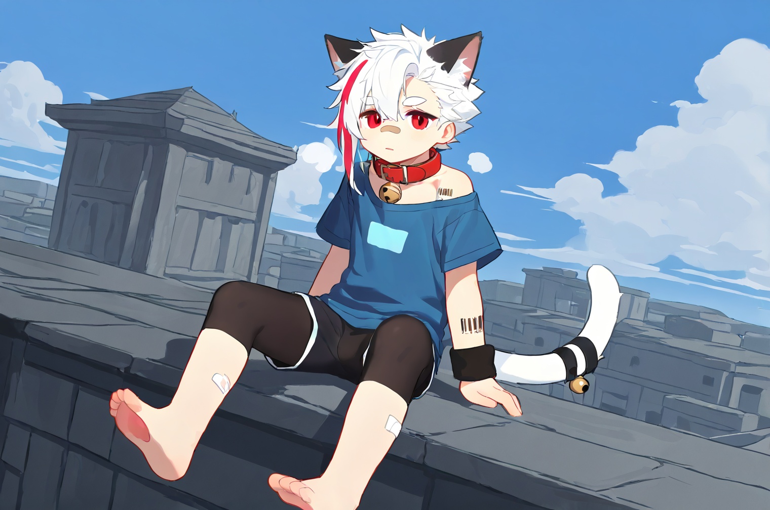 Right mid length drooping frontal hair,(Asymmetric hair on the temples:1.2),Expose left shoulder,wristband,thick eyebrows,barcode tattoo,heavy_breathing,AKIRA,cat boy,1boy,solo,male_focus,(white_hair:0.8),red eyes,[bell on collar,Collar,Cortical collar,Large collar],(blue t-shirt,black_leggings under shorts,black bike_shorts),(barefoot) BREAK dutch angle,vanishing point,sitting on rooftop,(blue sky,cloud,wind),(masterpiece, best quality:1.1),foot focus,bandage on nose,bandage on leg,Tail decoration,cat tail,<lora:雨α:0.4>,