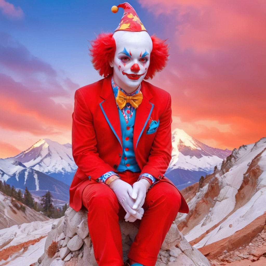 aw0k euphoricred style,  clown sitting on a mountain fouji,  sad expression on Tensor.Art