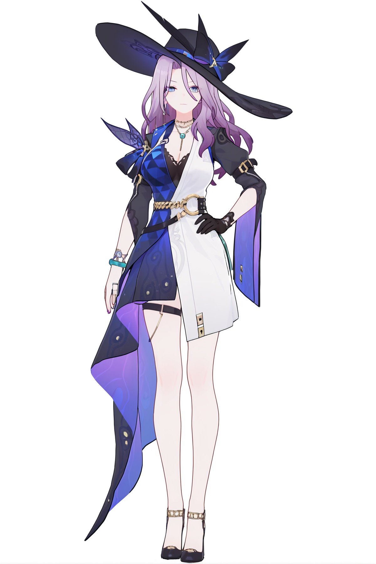 score_9, score_8_up, score_7_up, score_anime, 8k, best quality, masterpiece, (ultra-detailed), (white background:1.2), solo, hands on hip, (full body:1.1), looking at viewer, <lora:feicui-pony-Tanger-000013:0.8>, feicui, feicui's def clothes, 1girl, gloves, hat, black gloves, long hair, dress, purple hair, jewelry, black headwear, breasts, bracelet, single glove, 