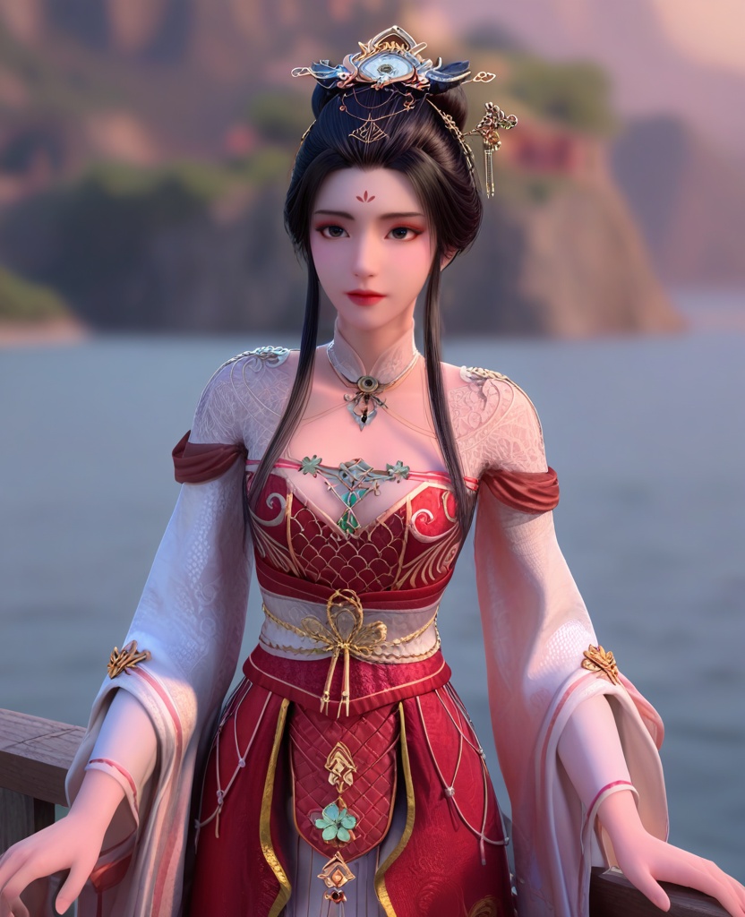 (oriental architecture, elegant decor, sophisticated style:1.1),(paddleboarding,huge waves:1.1),(breasts:1.2),<lora:XL暗河传医者白鹤淮:0.95>,miss baihehuai,chinese clothes,detached collar,red corset,red overskirt,hair bun,black hair,hair ornament,hanging hair,forehead mark,black eyes,shoulder mesh,jewelry,floral print,, score_9,score_8_up,score_7_up,score_6_up,score_5_up,score_4_up,3d rendering,tag1,tag2, Cinematic Lighting,backlighting,