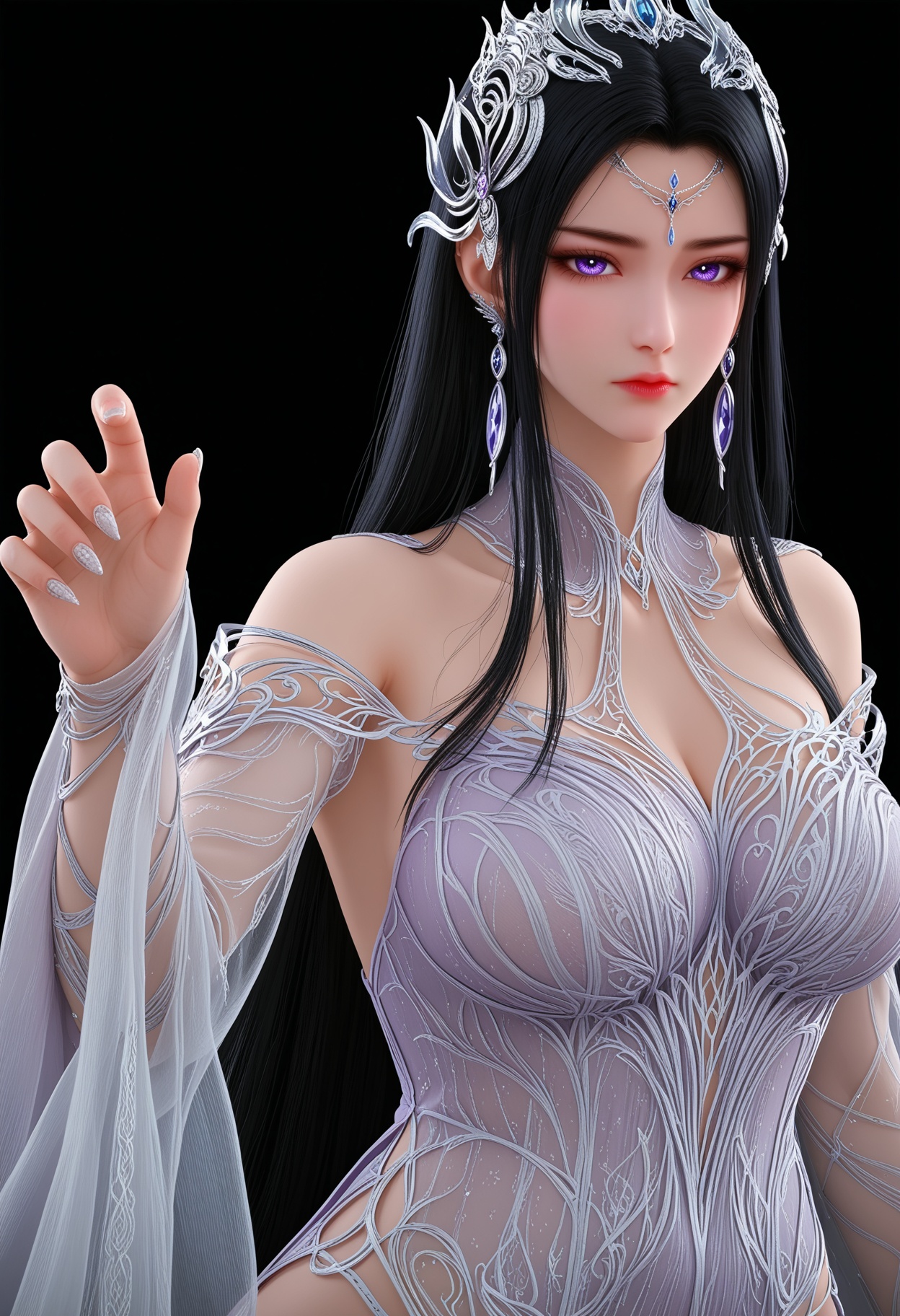 score_9,looking_at_viewer,upper body,(huge breasts:0.5),yechangong,solo,1girl,black hair,long hair,hair ornament,jewelry,earrings,expressionless,closed mouth,dress,purple eyes,white dress,(purple dress:1.1),bare shoulders,detached collar,tiara,(see-through:1.2),(simple background,pure black background,black background:1.1),perfect_anatomy,<lora:QQSponyyechangongV1:0.8>,