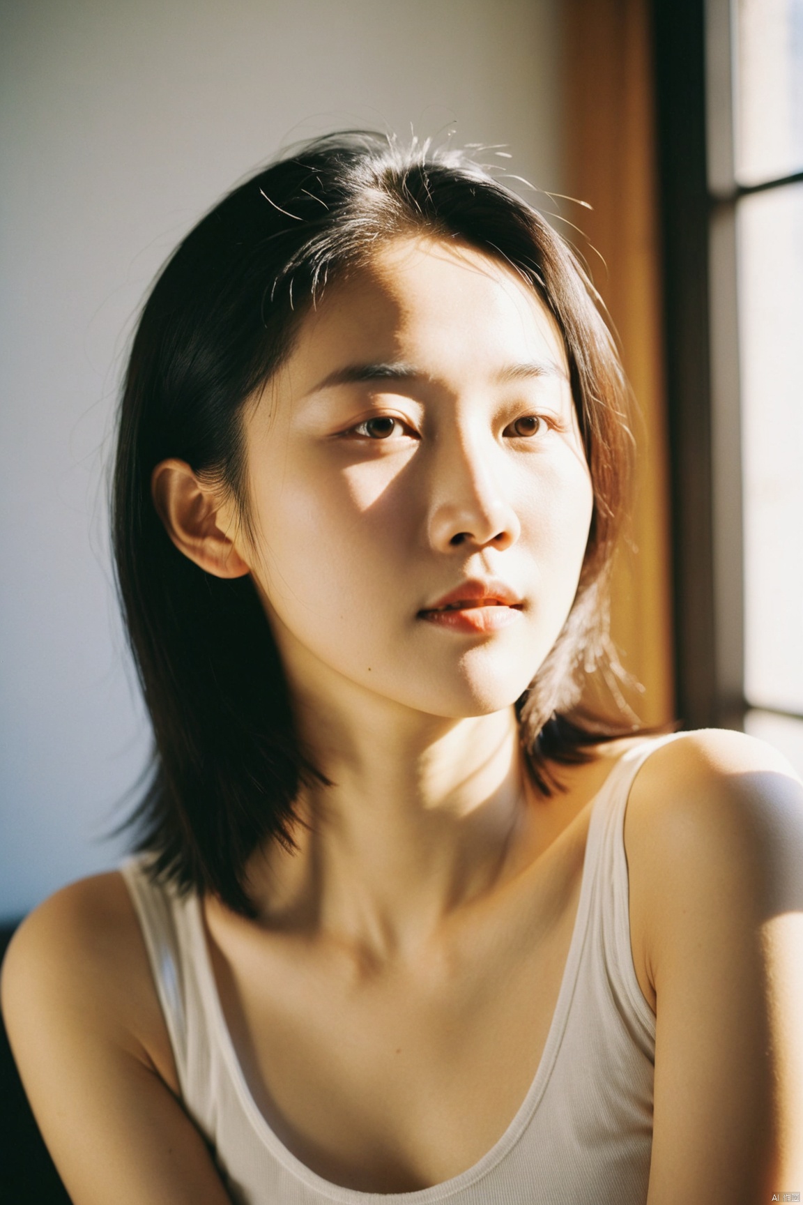 backlit portrait of a young asian woman, soft sunlight halo around her head, straight face, light leaking from an overexposed window, neutral, relaxed expression, 25 years old, film-like texture, inspired by wong kar-wai, masterpiece