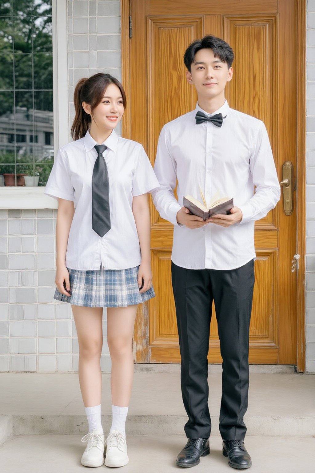 照片中一对亚裔情侣站在一栋木门建筑前。女士肤色白皙，棕色长发扎成马尾辫，身穿白色短袖衬衫、黑色领带和蓝色格子迷你裙，搭配白色袜子和白色皮鞋。男士肤色同样白皙，黑色短发，穿着类似的白色衬衫、黑色领结、黑色裤子和黑色皮鞋。他右手拿着一本打开的书。两人面带微笑，女士略微偏左，男士偏右。背景是铺着瓷砖的入口和灰色瓷砖墙。