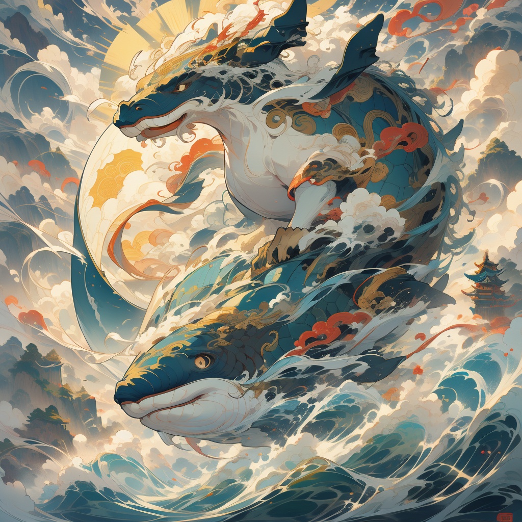 Thick color style, ancient Chinese mythology style, whale, 1 whale solo,flying in the clouds, surrounded by clouds and sun