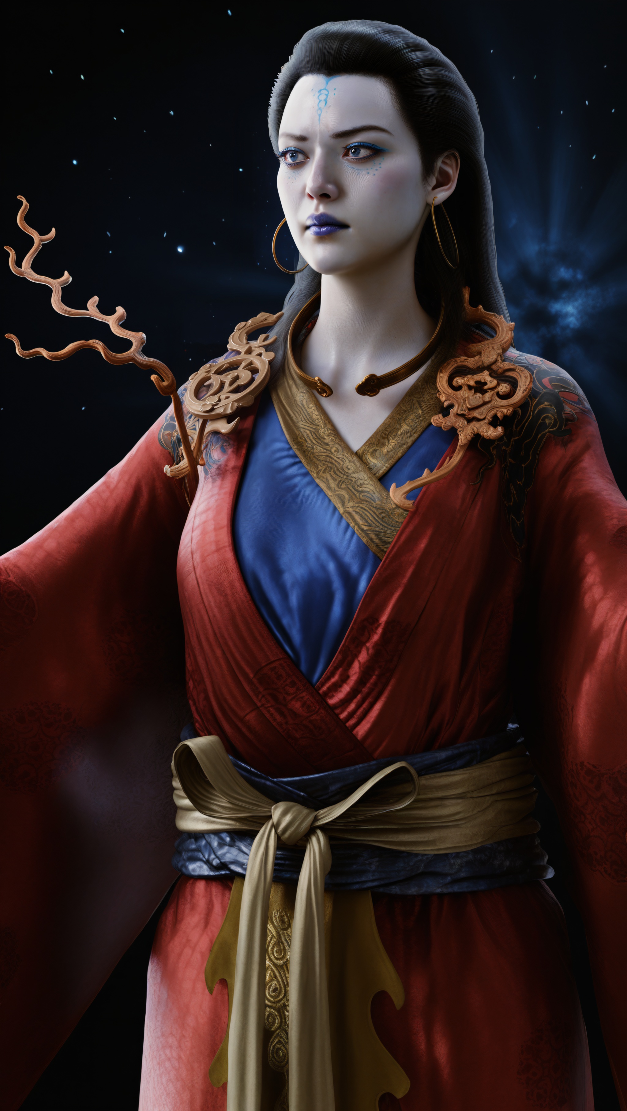 (score_9),<lora:亢金龙-Apony:0.85>,kangrixingjun,solo,black hair,long hair,hoop earrings,makeup,forehead mark,blue lips,blue eyeshadow,chinese clothes,branch,open choker,belt,sash,red robe,(mature:1.1),1girl,collarbone,large breasts,disgust,disdain,jitome,<lora:a修手:0.35>,front view,light rays,light particles,softened light,simple background,night,starry sky,stars,the milky way,OverallDetail,(Ivory_skin),((colored skin)),deep_skin,<lora:perfect-eyes:0.8>,<lora:Expressive_H:0.8>,<lora:SkinRealityOrg_ponyv6_loraplus:0.25>,real skin,realistic,<lora:detailed_notrigger:1>,<lora:皮肤凹痕:1.5>,