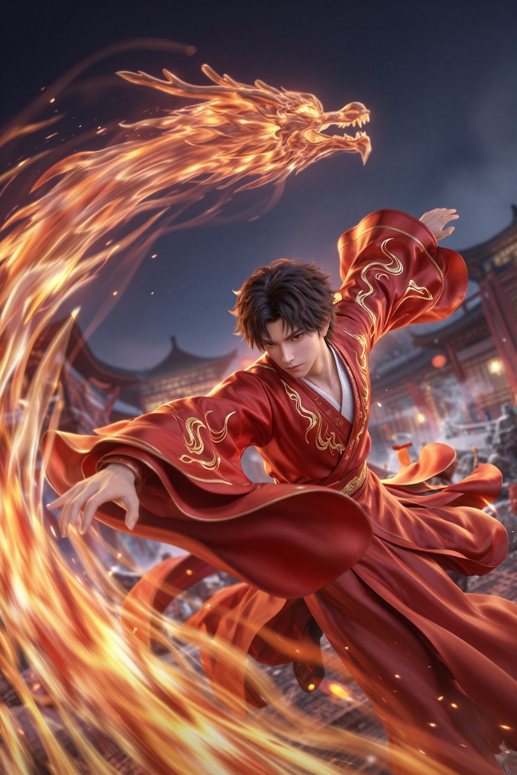 YY Anime style,CG,abstract background, abstract fire, dynamic action, blurry, depth of field, dynamic pose, dynamic composition, foreshortening, digital art, 2D illustration, dramatic lighting, sfw, Subject, focus on face, 1boy, red hanfu, gold flame embroidery, wide silk sleeves, ethereal fire dragon spirit rearing behind him, temple courtyard, night, incense smoke, csstle, masterpiece, best quality, good quality, very awa, very aesthetic, 