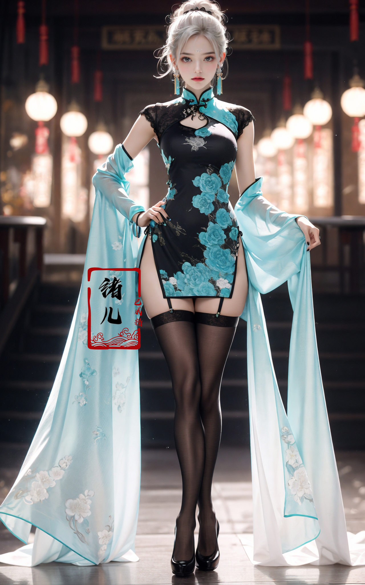Black background,  Fashion cheongsam,  nail polish on Tensor.Art
