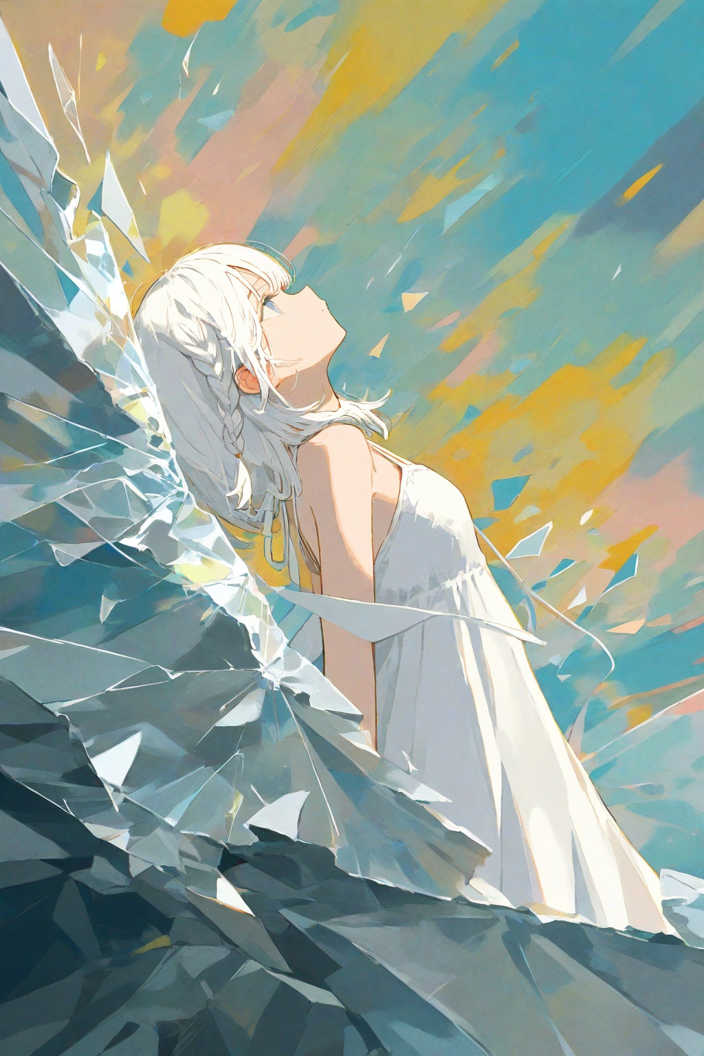 1girl,bare shoulders,broken glass,broken wall,white hair,white dress,closed mouth,constel lation,flat color,braid,blinking,white robe,float,closed mouth,constel lation,flat color,looking up,standing,medium hair,standing,solo,from side,profile,abstract,abstract background,
