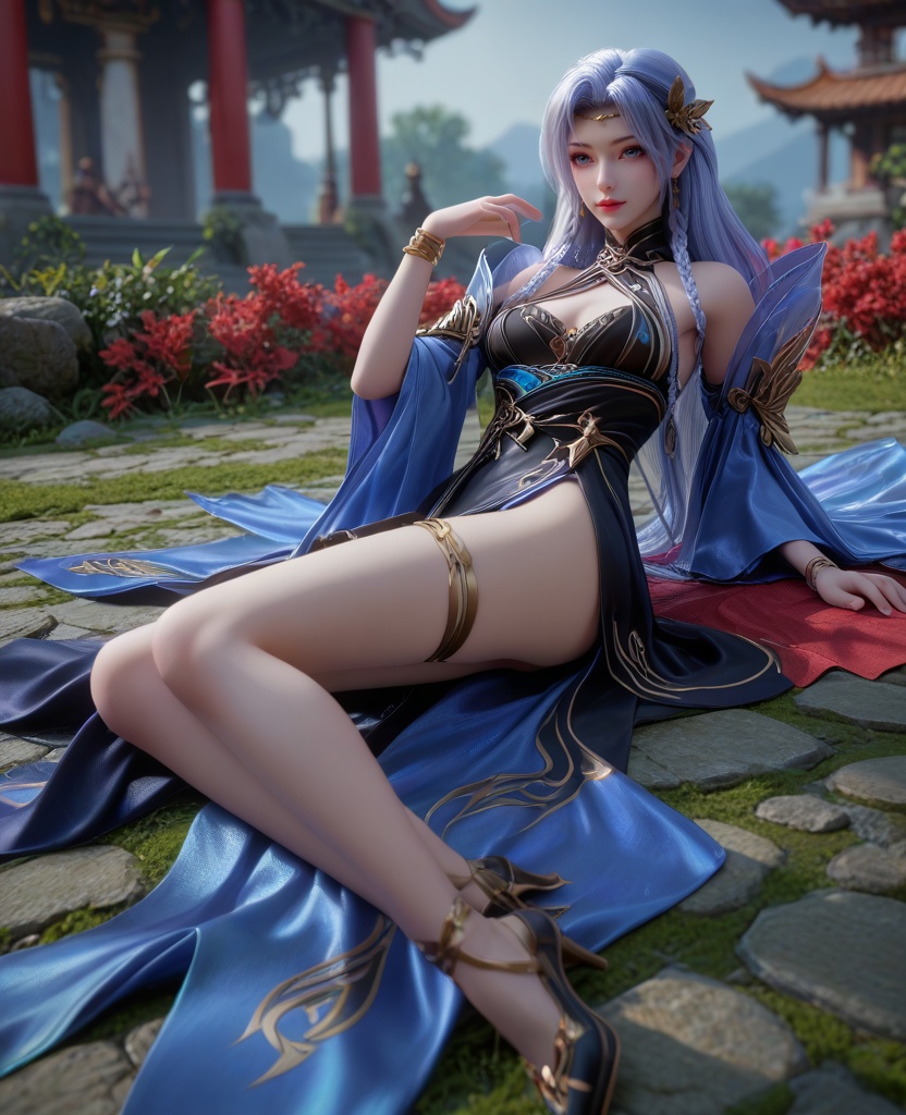 (oriental architecture, elegant decor, sophisticated style:1.1),(Lying down with one arm extended overhead:1.1),(breasts:1.2),<lora:XL16克金玩家暗夜:0.95>,miss anye,black dress,blue eyes,lilac hair,long cascading hair with long front braid,hair ornament,blue hagoromo,black high heels,bracelet,legband,jewelry,, zPDXL2, score_9, score_8_up, score_7_up BREAK realistic, masterpiece,best quality, highly detailed,, zPDXL3, zPDXL2,zPDXL, zPDXLxxx, zPDXLrl,