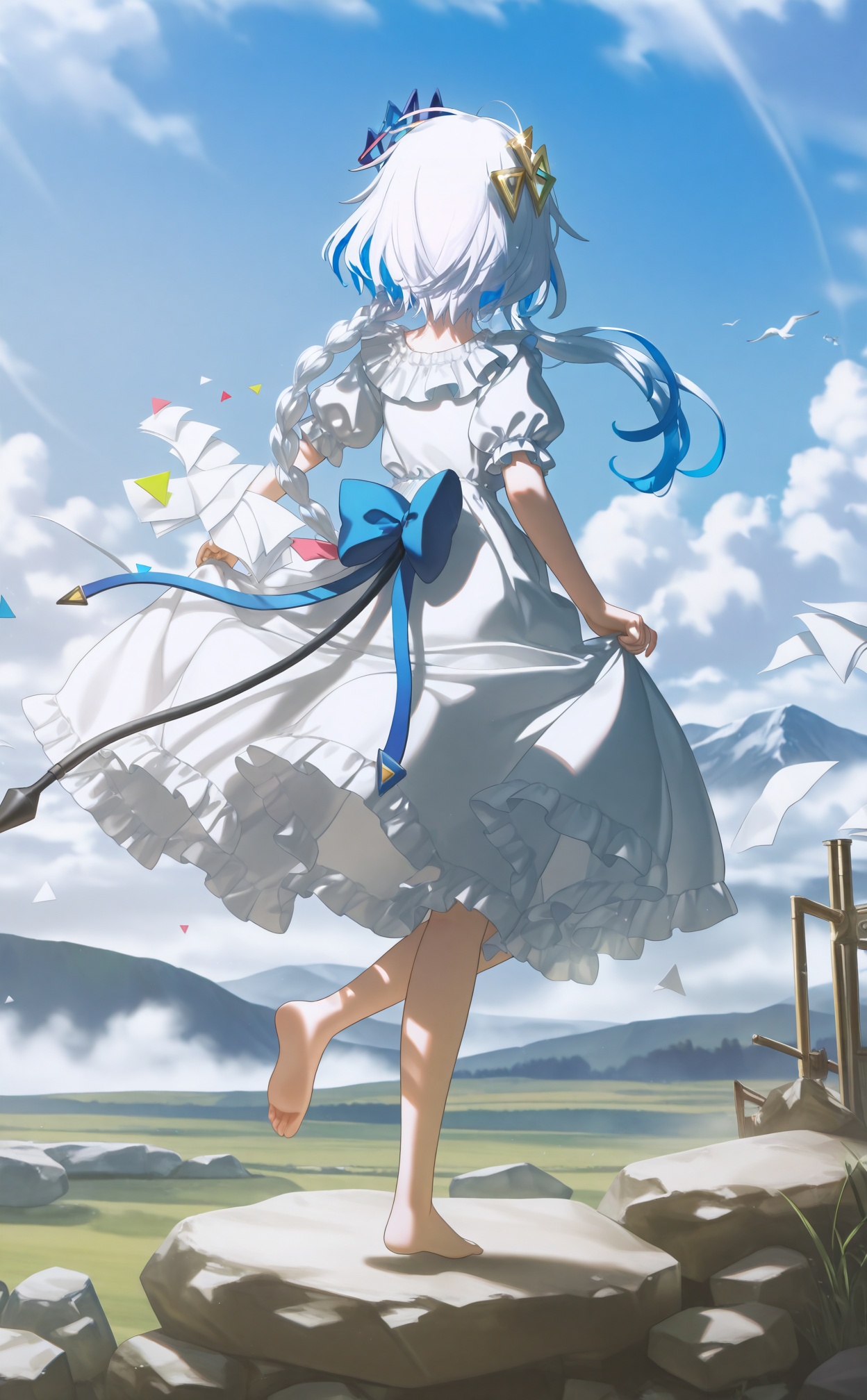 masterpiece,absurdres,best quality,high quality,chromatic_aberration,//,1girl,dress,solo,white_dress,barefoot,short_sleeves,white_hair,skirt_hold,paper,cable,sky,puffy_sleeves,from_behind,outdoors,full_body,puffy_short_sleeves,braid,standing_on_one_leg,facing_away,blue_sky,day,soles,cloud,standing,medium_hair,flying_paper,floating_hair,hair_over_shoulder,mountainous_horizon,feet,leg_up,triangle,toes,side_braid,rock,long_hair,frilled_dress,foot_up,medium_dress,heel_up,tail,mountain,single_braid,diamond_hair_ornament,frills,floating,bird,back_bow,blue_hair,short_hair,colored_inner_hair,hair_ornament,multicolored_hair,alternate_costume,back,looking_ahead,low_ponytail,cloudy_sky,//,//,<lora:konya_karasue——【CKXL】hans:1>,