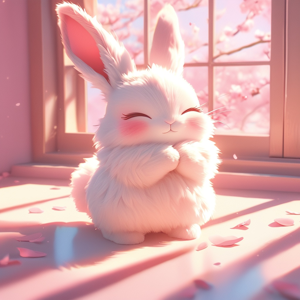 maotu, rabbit, rabbit focus, soft lighting, white fur, whimsy and dramatic lighting, warm colors, mf-movie-filter, cc-color-correction, cute, whiskers, :3, ^ ^, light particles, sunlight, no humans, window, closed eyes, solo, indoors, cherry blossoms, fluffy, petals, day, full body, blush, standing, closed mouth, shadow, blurry, pink background, spring \(season\), own hands together, facing viewer,<lora:maotu_xl_v1:0.8>,