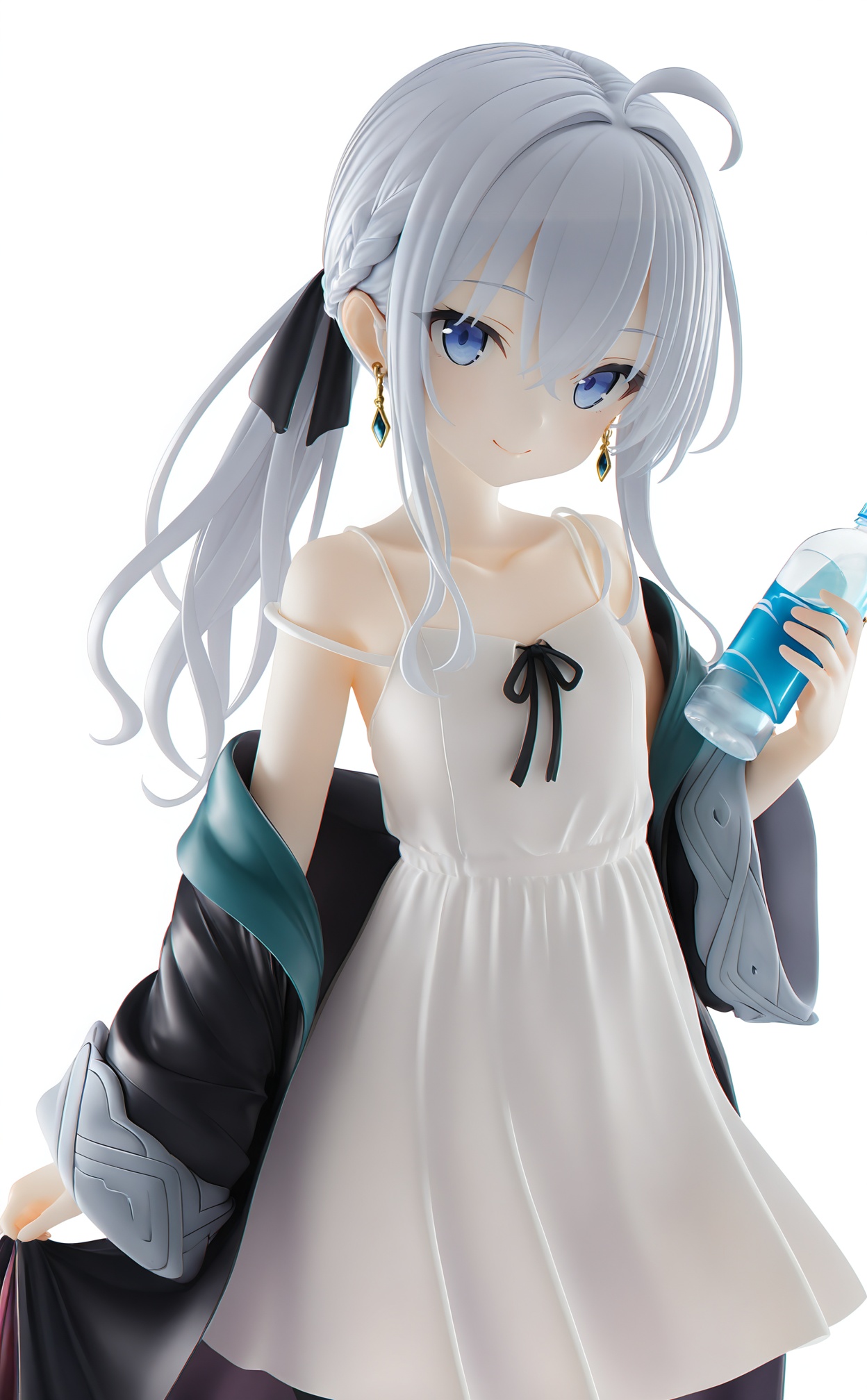 masterpiece,absurdres,best quality,loli,petite,high quality,chromatic_aberration,//,1girl,elaina \(majo no tabitabi\),ahoge,solo,long hair,blue eyes,off shoulder,jewelry,holding,bottle,smile,ribbon,earrings,holding bottle,looking at viewer,white background,hair between eyes,white hair,long sleeves,wide sleeves,collarbone,dress,black ribbon,water bottle,simple background,closed mouth,grey hair,hair ribbon,bare shoulders,sidelocks,hair bow,bow,black coat,head tilt,coat,ponytail,open clothes,open coat,robe,cloak,spaghetti strap,off-shoulder dress,braid,//,<lora:PVC7——【noob】hans:1>,