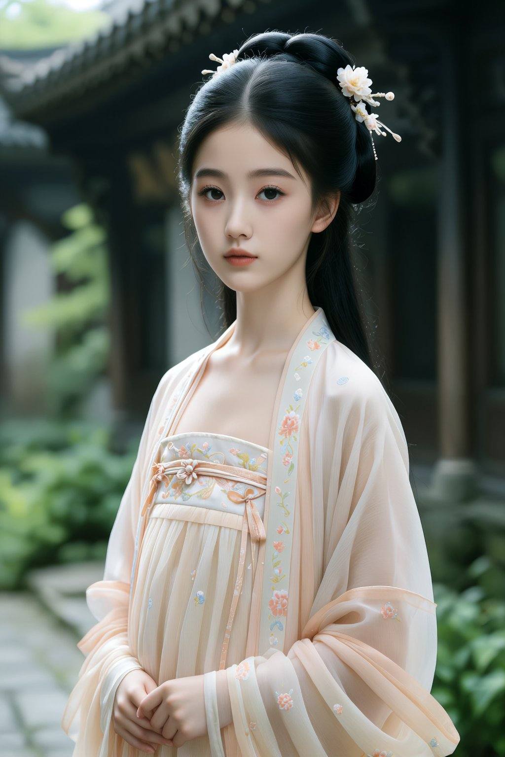The image features a young woman dressed in traditional Chinese attire,  likely a hanfu,  characterized by its flowing on...