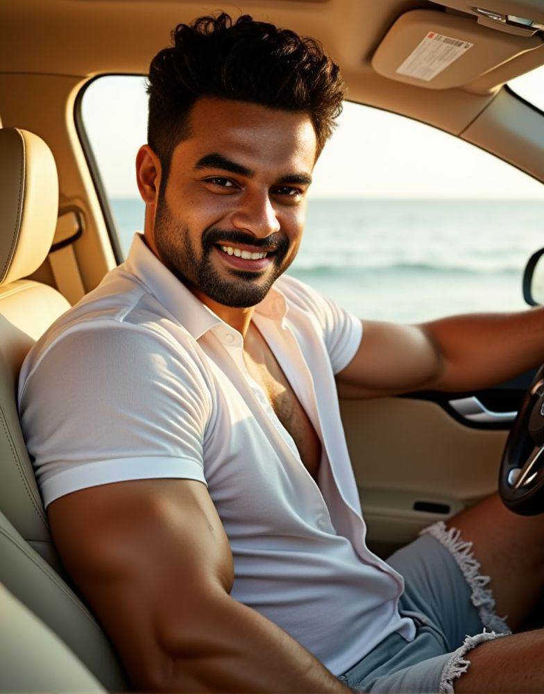 tovino thomas ,  male focus. shirtless smiling. editorial. empathetic eyes. sitting in the passenger seat of a car. natura...
